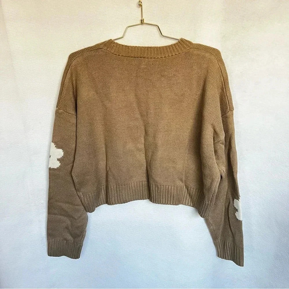 Cardigan Sweater Floral Knitted Oversized Boxsy Waist Length Khaki Brown - Picture 6 of 8